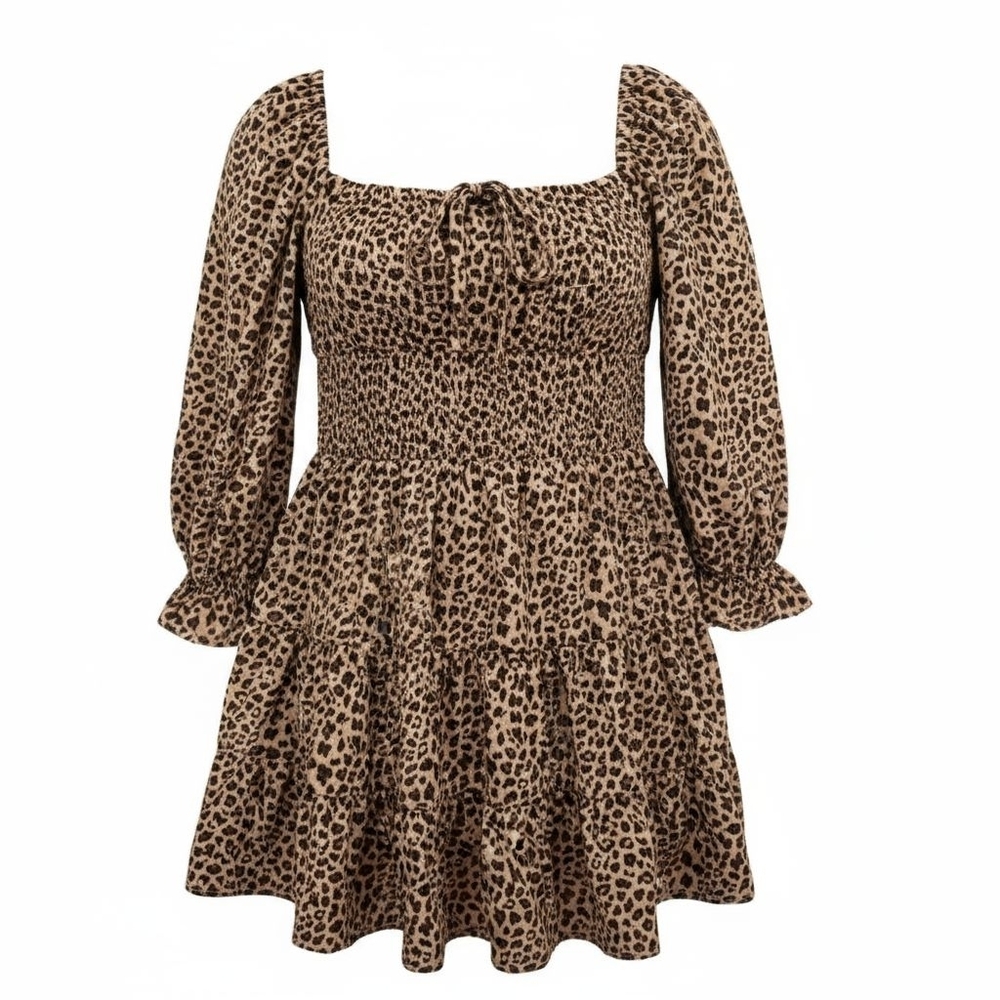 Liberty Love Leopard Print Dress Stretchy Empire Waist 3/4 Sleeve, Lined, XL